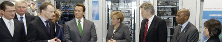 Over 300 Rittal employees from all over the world were excited at the visit of Governor Schwarzenegger and Chancellor Merkel to the Rittal stand at CeBIT. Bernd Eckel explains the energy efficiency of the Rittal highlights to Arnold Schwarzenegger and Dr Angela Merkel. From left to right: Karl-Theodor zu Guttenberg (German minister for economic affairs), Willi Schmid (Rittal executive vice president responsible for Asia), Bernd Eckel (Rittal executive vice president in charge of international sales), Arnold Schwarzenegger (Governor of California), Dr Angela Merkel, Friedhelm Loh (chairman of the board and owner of Rittal), Dale E. Bonner (secretary business, transportation and housing, California), Teri Takai (chief information officer, California)